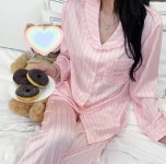 P0065  봄 파자마 녀 나른한 느낌  스트라이프 루즈핏 캐주얼 심플 홈웨어 세트 : ZX산업