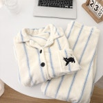 남성용 겨울 코랄 플리스 파자마 세트 도크 캣 홈웨어 커플용 따뜻한 잠옷 캐주얼 긴팔 긴바 F8848 1 L : 주니안스토어1017