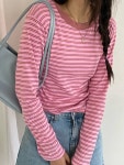 온리탑 플로 단가라 봄 펀칭 스트라이프 긴팔 티셔츠 와인 먹색 네이비 핑크 : 온리탑
