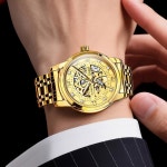 OLEVS 남성 자동 시계 스켈레톤 다이아몬드 럭셔리 기계식 셀프 와인딩 드레스 손목 방수 발광 1 G6721: Black band & Bla : 아진나찻지