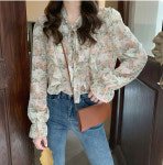 여자 꽃무늬 프릴 블라우스 데일리 봄 플라워 리본 블라우스 : 유신유