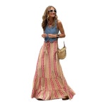 여성 패션 플로럴 프린트 보헤미안 스타일 탄력있는 하이웨이스트 스커트 여성용 레이스업 롱 봄 가을 바지 1 L : 오두3