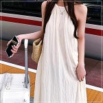꼬임 홀터넥 가벼운 민소매 롱 원피스 URD-517 아이보리 R30WFHGBP6 : 도매프리