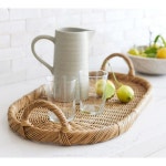 손으로 엮은 라탄 장식 트레이 손잡이가 있는 천연 수납 바구니 가정 정리용 : 늘이즈유통