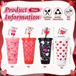 Ovveroche 발렌타인 데이 709 8ml 24온스 플라스틱 12개 뚜껑과 빨대 재사용 가능한 여행용 머그 벌크 데이 생일 결혼식 10... 