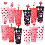 Ovveroche 발렌타인 데이 709 8ml 24온스 플라스틱 12개 뚜껑과 빨대 재사용 가능한 여행용 머그 벌크 데이 생일 결혼식 10... 