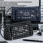 귀여운 고양이 Mewo 격자 무늬 휴대용 연필케이스 학교 사무실 F7920 내구성 문구 가방 : 퀘스트트레이드