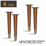 AKB 하드웨어 4개 레트로 스트레이트 우드 가구 다리 u2013 솔리드 소파, 벤치, 금속 받침대가 있는 테이블 다리(12인치 앤티크 황동 도금... 