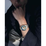 OLEVS 남성 자동 시계 다이아몬드 골격 기계식 럭셔리 셀프 와인딩 달 페이즈 캘린더 남성용 방수 손목시계 14 G6690: Silver band & b... 