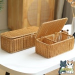 손으로 엮은 라탄 수납 바구니 (뚜껑 포함) - 잡화 화장품 및 개인 위생품 정리 : 쿠쿠스토어1