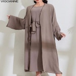 비고앤 여성 2025 O넥 무슬 드레스 세트 중동 투피스 이슬람 의류 솔리드 기도복 두바이 아바야 : 사이전자
