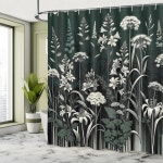 짙은 녹색 샤워 커튼 꽃과 잎의 빈티지 식물 야생화 초원 예술 디자인 천 패브릭 1. 2508012230 : 바이몰44호점