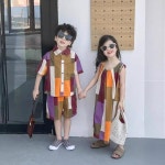2025 새로운 여름 형제와 자매 일치하는 의상 소녀 느슨한 불규칙한 다채로운 그리드 조끼 스커트 소년 셔츠 반바지 세트 H3943 : 무드라인업