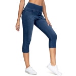 THE GYM PEOPLE 여성용 하이 웨이스트 스트레치 카프리 제깅스 팬츠 복부 컨트롤 풀온 스키니 진 레깅스 포켓 MUT6Y 데님 블루 S... 