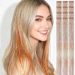 골든 오렌지, 브론즈 골드 헤어 틴셀, 스타일링용 구리 반짝이 스트랜드, 클립 인, 12개, PC당 75개 스트랜드, 살롱 퀄리티 헤어 액세서리, 여성... 