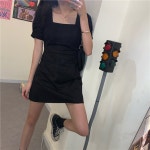 레트로 스퀘어 칼라 버블 드레스 사이즈 슬리밍 리틀 여름 조절 드레스 가운 우아한 블랙 플러스 헵번 슬리브 스타일 허리 검은색 엠 42.5-50kg... 