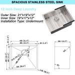 웨슬리브 21인치 루안드리 싱크대 - 21x 19 언더마운트 유틸리티... 볼 주방 실외 분지 바닥 그리드 포함 12 x 16 x 10  Black : 블리츠허브006