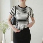 스타일아유 면95% 여성 여름 스트라이프 라운드넥 반팔 티셔츠 심플 캐주얼 데일리 루즈핏 탑 TS3965 : 스타일 아유