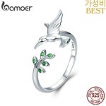 Bamoer 925 스털링 실버 봄 나무 잎 및 새 오픈 링 녹색 지르콘 조정 가능한 손가락 반지 여성용 파인 쥬얼리 SCR323 : 가성비쇼퓡