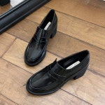 [G2496] 유광 페니스트랩 통굽 로퍼힐 7cm : 새로이클라쓰