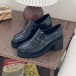 [G2496] 유광 페니스트랩 통굽 로퍼힐 7cm : 새로이클라쓰
