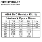 (720개) 0603 SMD 저항기 1% 1R 10R 100R 1K 10K 100K 1M 3.3M 5.1K 3.3R 47K 68K 680R 910K 옴 36값X 20개 : 그린 상사