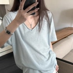 여성 루즈핏 브이넥 반팔 티셔츠 여자 여름 데일리 반팔티 : 단디입자