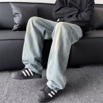 아메리칸 스타일 직선 청바지 남성용 트렌디  와이드 팬츠 하이 스트리트 캐주얼 바지 : 아베로AVERO