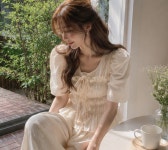 스모크 리본 주름 셔링 블라우스 와이드 팬츠 투피스 세트 : Jaru 자루