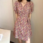 플라워 브이넥 랩원피스 A스커트라인 어깨셔링 스트링