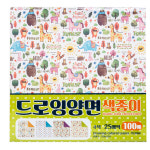 유니아트 디자인랩 드로잉 양면 색종이 4 x 25매씩 총 100매입 공작용 공예용 컬러 접기 학생 문구용