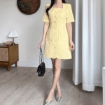 엘린무드 뮤즐리 썸머 트위드 물결 웨이브 스퀘어넥 버튼 자켓 미니 원피스