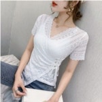 여성용 레이스 브이넥 슬림핏 반팔 티셔츠 반짝No 1 G1436