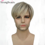 남자부분가발 앞머리 정수리 wig men Strongbeauty 짧은 남자 가발 믹스 금발 합성 머리 내열성 캡리스 가발