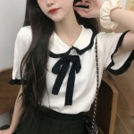 카라 여성 반팔티 레이스 리본 여성 반팔 티셔츠