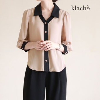 클라셰 KLACHE 77까지 배색카라퍼프7부블라우스 CB2FBL017A