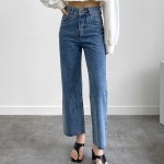 여자 투버튼 세미 와이드 커팅 청바지 데님 와이드팬츠