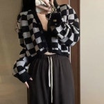 메이킹유 니트 브이넥 바둑무늬 루즈핏 크롭 H6171