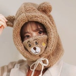 귀욤 곰돌이 얼굴목 따뜻 기모 털모자 방한 겨울모자