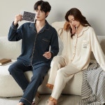 남자홈웨어 남성 가을 겨울 긴 소매 옷깃 칼라 잠옷 세트 곰 자수 순수 코 남자파자마세트