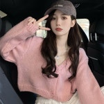 간절기 여성 가디건 스웨터 니트 크롭트 크롭 소매 크롭탑 v넥