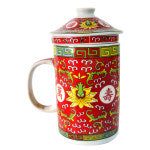 도자기 전통적인 붉은 꽃 디자인 뚜껑이 달린 차 컵 스트레이너 인퓨저 J2175