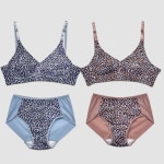 호피패턴 부직포 노와이어 B컵 브라 팬티 세트 브라렛