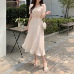 라비앙 여름 하객룩 휴양지룩 셔링 스퀘어넥 반팔 쉬폰 플레어 롱 원피스