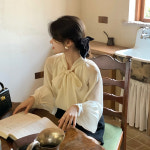 여성블라우스 봄 가 여성용 프렌치 보우 셔츠 긴팔 쉬폰 전문 레이스 업 탑