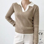 여성 여자 긴팔 카라 니트 배색 포인트 데일리 캐주얼 골지 패턴 봄 가을 간절기 상의 일상 심