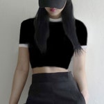 코튼 배색 반팔 크롭 티셔츠 슬림핏 여성 면 티셔츠 블랙-FREE