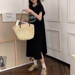 여성 여름 라운드 영문 트임 캐주얼 반팔 롱원피스