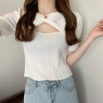 여성 꼬임 골지 반팔 티셔츠 데일리룩 여름 슬림 크롭 니트