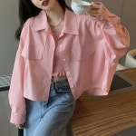 기본 세미 크롭 셔츠 아우터st 뒷트임 페이크포켓